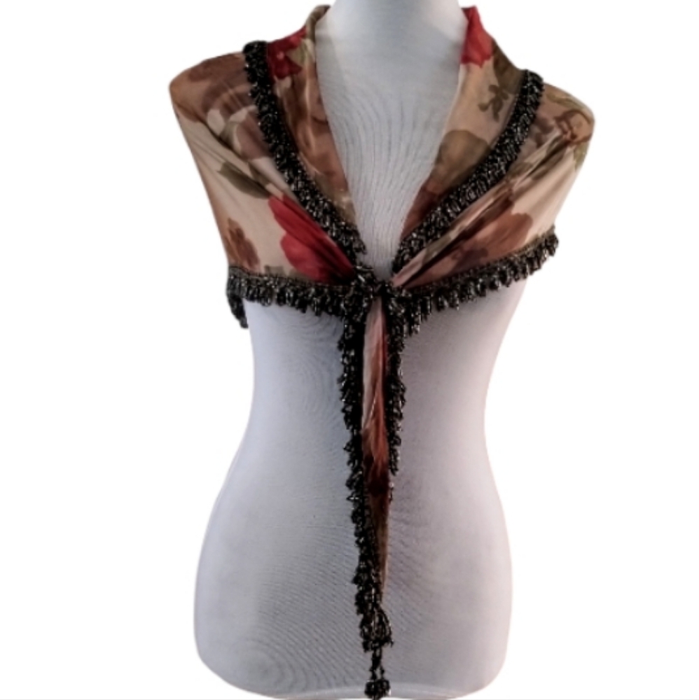 Elegant Silk Scarf With Glass Beads & Floral Print Size M
